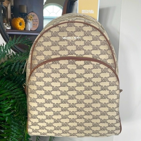 Brand New Michael Kors Logo Canvas Zippered Backpack w/ Gold Tone Accents - Picture 1 of 16